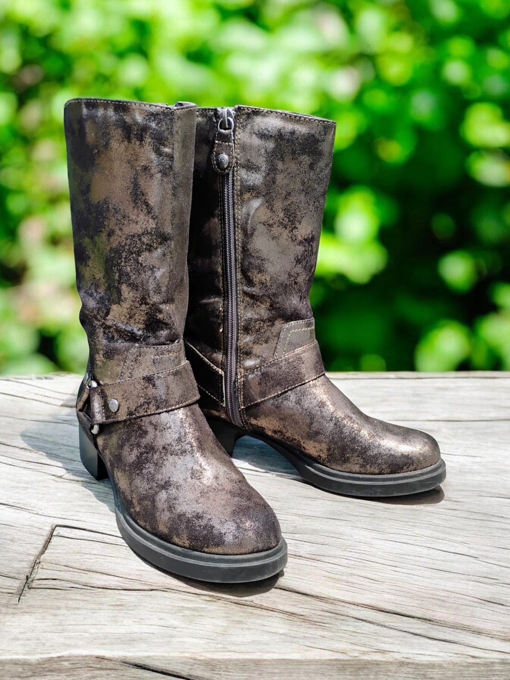 Vera Wang Metallic Smoke Gold Moto Biker Combat Boots - Size 6